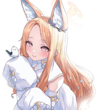 1girl animal_ear_fluff animal_ears bird bird_on_hand blonde_hair blue_archive blush bow capelet closed_mouth detached_sleeves dress fox_ears fox_girl gold_trim halo highres loli long_hair long_sleeves looking_at_viewer oddman1234 pink_eyes seia_(blue_archive) simple_background sleeveless sleeveless_dress sleeves_past_wrists smile solo very_long_hair white_background white_bow white_capelet white_dress yellow_bow yellow_halo