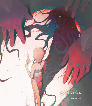 1boy 1girl absurdres blood bloody_weapon candle_wax candlestand commentary commission dated diavolo highres holding holding_sword holding_weapon jojo_no_kimyou_na_bouken long_hair pink_hair polka_dot polka_dot_hair sang_(3soun) shadow short_hair sword symbol-only_commentary trish_una vento_aureo weapon