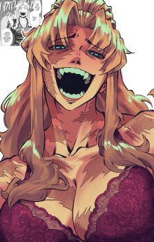 Rule 34 | 1girl, absurdres, andrich galam, balalaika (black lagoon), black lagoon, blonde hair, blue eyes, bra, breasts, burn scar, collarbone, commentary, english commentary, evil smile, fangs, head tilt, highres, lace, lace-trimmed bra, lace trim, large breasts, laughing, lipstick, looking at viewer, makeup, open mouth, parted bangs, raised eyebrow, red bra, red lips, reference inset, scar, scar across eye, scar on breasts, scar on face, simple background, smile, solo, teeth, underwear, upper body, wide mouth