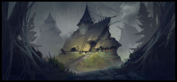 absurdres black_border border building cobblestone commentary english_commentary highres house ladder night no_humans original oscar_molin outdoors path road scenery silk spider_web stairs tree