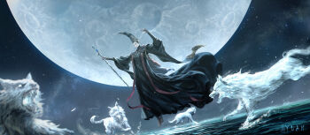 1girl black_hair blue_robe conical_hat elden_ring hat highres holding large_hat long_hair long_sleeves moon night rennala_queen_of_the_full_moon robe sky tall_hat water wolf xu_chao_yuan