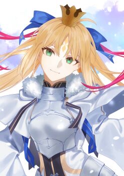 1girl absurdres ahoge armor artoria_caster_(fate) artoria_caster_(third_ascension)_(fate) artoria_pendragon_(fate) blonde_hair blue_bow bow breastplate breasts cape closed_mouth commentary_request crown dress facial_mark fate/grand_order fate_(series) faulds floating_hair forehead_mark full_armor fur-trimmed_gloves fur_trim gloves green_eyes grey_armor hair_between_eyes hair_bow highres huge_ahoge long_hair long_sleeves looking_at_viewer low_twintails medium_breasts omame_korokor parted_bangs pointed_crown sidelocks smile snowing solo twintails upper_body very_long_hair white_cape white_dress wide_sleeves