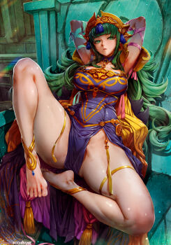 1girl armpits arms_behind_head arms_up barefoot breasts covered_navel cutepet female_focus fire_emblem fire_emblem:_fortune&#039;s_weave fire_emblem:_three_houses full_body green_eyes green_hair highres large_breasts long_hair looking_at_viewer matching_hair/eyes nintendo pelvic_curtain pointy_ears sitting solo sothis_(adult)_(fire_emblem) sothis_(fire_emblem) spread_legs sweat thick_thighs thighs