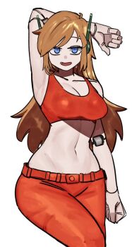 1girl android arm_behind_head arm_up armpits blonde_hair blue_eyes breasts cleavage colored_skin crop_top curly_brace doukutsu_monogatari joints large_breasts long_hair mano_(manobece) midriff navel open_mouth pants red_pants red_sports_bra robot_ears robot_joints smile solo sports_bra white_skin
