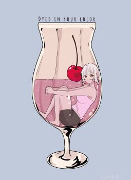1girl air_bubble bare_shoulders barefoot black_shorts bubble cherry closed_mouth commentary_request cup drinking_glass food fruit grey_background grey_hair highres in_container in_cup link!_like!_love_live! looking_at_viewer love_live! mouth_submerged mouth_under_water multicolored_hair partially_submerged pink_shirt red_eyes red_hair roku_aya_fuyu shirt short_hair shorts simple_background solo strapless strapless_shirt streaked_hair virtual_youtuber yugiri_tsuzuri
