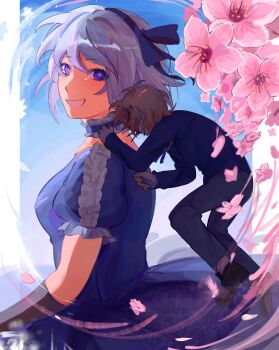 1boy 1girl :d absurdres antenna_hair black_gloves bleeding blonde_hair blood blood_on_face blue_bow blue_choker blue_dress blue_eyes blue_hair blue_hairband blue_jacket blue_pants blue_pupils blue_suit bow bow_hairband brown_shoes choker claire_elford clenched_hand commentary contrast covered_face day dress elbow_gloves english_commentary flower formal_clothes frilled_choker frilled_sleeves frills from_above full_body genosoffline gloves hair_between_eyes hair_over_eyes hairband highres holding jacket looking_at_viewer looking_to_the_side lying noel_levine on_side open_mouth outside_border pants pillarboxed pink_flower projected_inset puffy_short_sleeves puffy_sleeves ripples shoes short_hair short_sleeves smile suit teruterubouzu upper_body witch's_heart