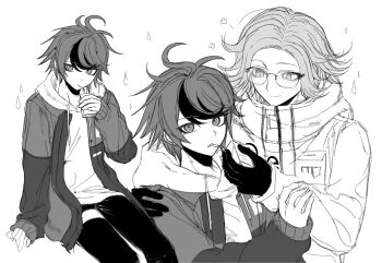 2boys ahoge aotsuki_eito breast_pocket chinese_commentary commentary_request drink_carton drinking drinking_straw feeding glasses gloves greyscale hand_on_another's_arm hand_on_another's_shoulder happy_aura highres holding holding_milk_carton hood hoodie invisible_floor jacket jacket_over_hoodie looking_at_another looking_at_viewer male_focus milk_carton monochrome multicolored_hair multicolored_jacket multiple_boys open_clothes open_jacket pants pocket short_hair sitting smile streaked_hair sumino_takumi syuu_1125 the_hundred_line_-last_defense_academy- two-tone_jacket