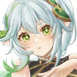 Rule 34 | 1girl, absurdres, aged up, black shirt, braid, cross-shaped pupils, floating hair, genshin impact, gold trim, green eyes, green hair, grey hair, hair between eyes, hair intakes, hair ornament, hand on own chest, highres, leaf hair ornament, light blush, light particles, looking at viewer, mokankan, multicolored hair, nahida (genshin impact), parted lips, pointy ears, portrait, shirt, side ponytail, sidelocks, simple background, single braid, sleeveless, sleeveless shirt, streaked hair, symbol-shaped pupils, white background