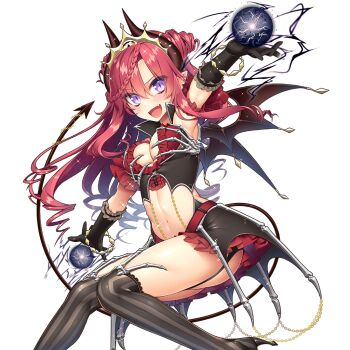 1girl armpits black_gloves bra braid braided_bangs breasts brown_garter_straps brown_thighhighs cleavage demon_girl demon_horns demon_tail demon_wings frilled_gloves frills giuniu gloves gold_tiara high_heels horns large_breasts long_hair lucian_luce midriff multicolored_skirt outstretched_arms purple_eyes red_bra red_hair skirt spread_arms striped_clothes striped_thighhighs tail thighhighs uchi_no_hime-sama_ga_ichiban_kawaii underwear vertical-striped_clothes vertical-striped_thighhighs wings