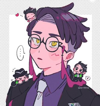 &gt;_&lt; ... :&lt; black_hat black_jacket chibi collared_shirt corbeau_(pokemon) hat heart highres jacket male_focus musical_note necktie nintendo parted_lips paxton_(pokemon) pokemon pokemon_legends:_z-a purple_hair round_eyewear shirt short_hair speech_bubble spoken_ellipsis spoken_musical_note white_necktie yellow_eyes yuu_(yuuka_8018)