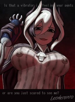 breasts english_text femdom highres large_breasts leoderorero made_in_abyss nipple_piercing ozen piercing reg_(made_in_abyss) solo