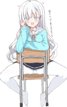 1girl aqua_cardigan black_skirt blush cardigan chair choppy_bangs commentary_request full_body hand_on_own_cheek hand_on_own_face hand_rest head_tilt heart highres long_hair long_sleeves looking_at_viewer miniskirt multicolored_eyes no_shoes on_chair open_mouth original panties panties_under_pantyhose pantyhose pleated_skirt raised_inner_eyebrows sailor_collar school_chair school_uniform serafuku simple_background sitting sitting_backwards sketch skirt solo spread_legs takepoison translation_request underwear white_background white_hair white_panties white_pantyhose white_sailor_collar