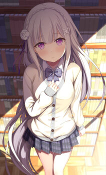 1girl absurdres against_bookshelf alternate_costume arm_at_side blush book bookshelf bow bowtie braid buttons cardigan closed_mouth commentary_request crown_braid day echiru39 emilia_(re:zero) feet_out_of_frame flower grey_hair hair_flower hair_ornament hair_ribbon highres indoors long_hair long_sleeves looking_at_viewer miniskirt plaid_clothes plaid_skirt pleated_skirt purple_bow purple_bowtie purple_eyes purple_ribbon purple_skirt re:zero_kara_hajimeru_isekai_seikatsu ribbon school_uniform skirt sleeves_past_wrists solo standing sunlight thigh_gap very_long_hair white_cardigan white_flower x_hair_ornament