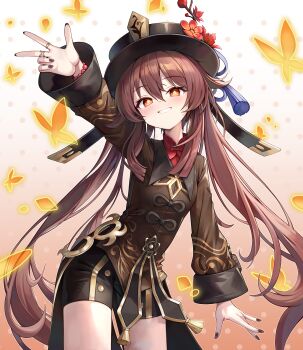 1girl absurdres black_hat black_nails brown_hair bug butterfly chinese_clothes coattails commentary_request flower flower-shaped_pupils genshin_impact hat hat_flower hat_tassel heavenly_rabbit highres hu_tao_(genshin_impact) insect jewelry long_hair multiple_rings plum_blossoms porkpie_hat ring shorts smile symbol-shaped_pupils tailcoat