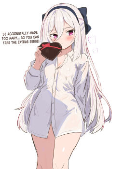 Rule 34 | 1girl, absurdres, arm behind back, black hairband, blue archive, blush, candy, chocolate, chocolate heart, closed mouth, collared shirt, english text, flygombal, food, hair between eyes, hairband, heart, heart-shaped food, highres, holding, holding chocolate, holding food, kei (blue archive), long hair, long sleeves, looking at viewer, pink eyes, shirt, simple background, solo, white background, white hair, white shirt