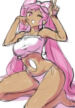 1girl alternate_costume bow bowtie dark-skinned_female dark_skin echigoya_takeru long_hair looking_at_viewer official_alternate_costume omori one_eye_closed pink_bow pink_bowtie pink_eyes pink_hair sitting smile solo sweetheart_(omori) swimsuit twintails v white_background