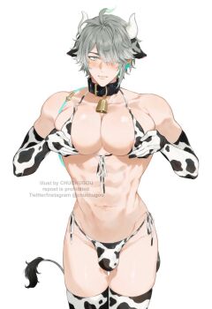 Rule 34 | 1boy, alhaitham (genshin impact), animal ears, animal print, artist name, bell, bikini, blush, bulge, chuchugou, closed mouth, cow ears, cow horns, cow print, cow print bikini, cow print thighhighs, cow tail, cowbell, cowboy shot, crossdressing, crossdressing (mtf), genshin impact, grabbing own pectoral, grey hair, hair over one eye, highres, horns, looking at viewer, male focus, narrow waist, navel, print bikini, print thighhighs, puffy male chest, side-tie bikini bottom, simple background, solo, swimsuit, tail, thigh gap, thighhighs, thighs, twitter username, watermark, white background