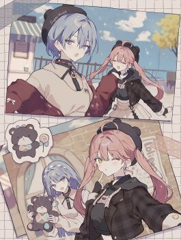2girls ^_^ absurdres ahoge blue_eyes blue_hair blush choker closed_eyes green_eyes highres holding holding_stuffed_toy hololive hoshimachi_suisei hoshimachi_suisei_(micomet) long_hair looking_at_viewer mametarou_(mameji) multiple_girls official_alternate_costume one_eye_closed open_mouth sakura_miko sakura_miko_(micomet) short_hair sky smile stuffed_animal stuffed_toy twintails virtual_youtuber
