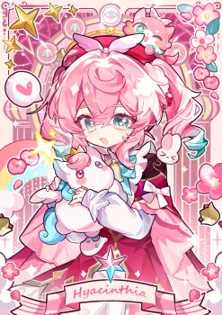 1girl :d absurdres blue_eyes character_name cowboy_shot double-parted_bangs dress fu_pian_ren gradient_hair green_hair hair_between_eyes hair_intakes hat heart highres honkai:_star_rail honkai_(series) hyacine_(honkai:_star_rail) long_hair long_sleeves multicolored_hair open_mouth pink_background pink_hair red_dress red_hat smile solo spoken_heart twintails