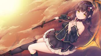 Rule 34 | 1girl, arisu830530, asakura karen (heaven burns red), black hair, butterfly hair ornament, choker, commentary request, hair ornament, hand on own chest, heaven burns red, highres, holding, holding scythe, kneehighs, long hair, looking at viewer, scythe, socks, yellow eyes