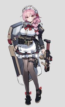 1girl :3 absurdres ammunition_pouch apron ballistic_shield blouse blush braid breasts dress drum_magazine explosive flashbang frilled_dress frills full_body grenade gun h&amp;k_mp5 hachirodesu heart heart-shaped_pupils highres juliet_sleeves large_breasts long_hair long_sleeves magazine_(weapon) maid maid_apron maid_headdress original pantyhose pink_hair pouch puffy_sleeves red_ribbon ribbon shield shirt side_braid sketch smile solo submachine_gun symbol-shaped_pupils tactical_clothes tactical_maid thigh_strap unconventional_maid weapon