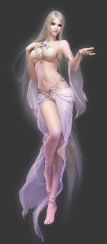 1girl 3d anklet bare_shoulders barefoot blonde_hair blue_eyes bracelet breasts cleavage crop_top feet female_focus floating forsaken_world full_body grey_background hand_on_own_chest harem_outfit highres jewelry large_breasts long_hair long_legs lots_of_jewelry midriff navel necklace outstretched_hand realistic revealing_clothes sarong see-through_clothes shiny_skin shirt sillia simple_background solo standing toenails underboob very_long_hair znz