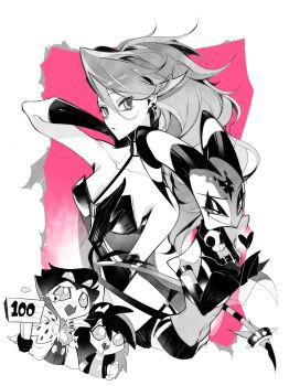 2boys 2girls absurdres black_choker black_leotard blitzo_(helluva_boss) blood breasts choker cleavage demon_boy demon_girl demon_horns furry furry_female furry_male halterneck hellaverse helluva_boss highres horns leotard long_hair loona_(helluva_boss) medium_breasts multiple_boys multiple_girls nosebleed octavia_(helluva_boss) owl_boy owl_girl stolas_(helluva_boss) zhu_xing_pupupu