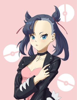 1girl alternate_eye_color artistic_error asymmetrical_bangs black_choker black_hair black_jacket breasts choker cleavage collarbone dress hair_ribbon highres jacket marnie_(pokemon) nintendo pink_background pink_dress poke_ball_symbol pokemon pokemon_swsh red_ribbon ribbon shawncollinsart small_breasts solo twintails undercut upper_body