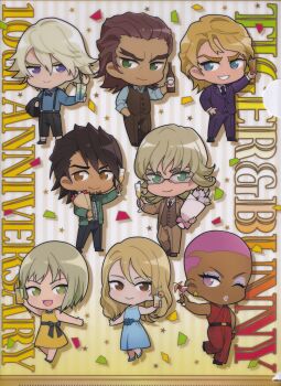 Rule 34 | 2girls, 6+boys, absurdres, anniversary, antonio lopez, aqua dress, aqua shoes, artist request, barnaby brooks jr., belt, black belt, black bow, black bowtie, black necktie, black pants, black shoes, blonde hair, blue eyes, blue shirt, bottle, bouquet, bow, bowtie, brown jacket, brown pants, brown shoes, brown vest, champagne flute, chibi, chibi only, closed mouth, collared shirt, confetti, copyright name, cup, dark-skinned male, dark skin, dress, dress bow, drink, drinking glass, drinking straw, drop shadow, earrings, eyelashes, facial hair, flower, formal clothes, full body, glass, glasses, green eyes, green jacket, hair between eyes, hand in pocket, hand on own hip, highres, holding, holding bottle, holding bouquet, holding cup, holding drink, huang pao-lin, ivan karelin, jacket, jewelry, kaburagi t. kotetsu, karina lyle, keith goodman, long hair, long sleeves, multiple boys, multiple girls, nathan seymour, necktie, official art, one eye closed, open clothes, open jacket, open mouth, pants, pink eyes, pink hair, pink lips, purple eyes, purple jacket, purple pants, purple suit, red pants, red shirt, scan, shirt, shoes, short hair, sleeveless, sleeveless dress, sleeveless shirt, smile, socks, standing, standing on one leg, star (symbol), star earrings, striped background, striped clothes, striped pants, striped vest, suit, suit jacket, suspenders, third-party source, tiger &amp; bunny, vertical-striped background, vertical-striped clothes, vertical-striped pants, vertical-striped vest, very short hair, vest, white shirt, white socks, yellow dress