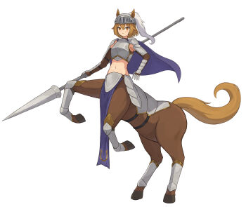 1girl absurdres animal_ears arm_armor armor black_gloves breastplate brown_eyes brown_hair centaur commentary_request elbow_gloves full_body gauntlets gloves groin hair_between_eyes helmet highres holding holding_polearm holding_weapon hooves horse_ears horse_tail knight lance looking_at_viewer midriff monster_girl multiple_legs navel original parted_lips pelvic_curtain polearm rearing scalap scar scar_across_eye scar_on_face shin_guards sidelocks simple_background solo standing tail taur undershirt weapon white_background