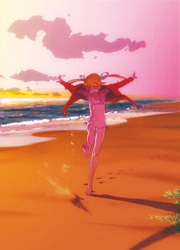 1girl beach bikini blonde_hair breasts closed_eyes full_body hijiri_rei horizon jacket kicking kiratto_pri_chan long_hair moegi_emo navel ocean open_clothes open_jacket open_mouth outstretched_arms pretty_series sand sky small_breasts smile solo spread_arms swimsuit twilight twintails water