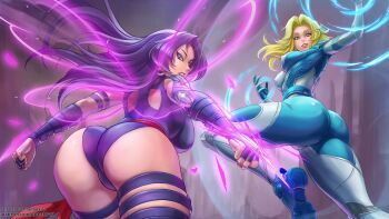 Rule 34 | 2girls, absurdres, anarchyart, ass, breasts, curvy, fantastic four, highleg, highleg leotard, highres, huge ass, jumping, large breasts, leotard, long hair, marvel, multiple girls, psylocke, shiny clothes, shiny skin, sue storm, superhero costume, wide hips, x-men