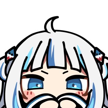 1girl ahoge artist_request bad_link blue_eyes blue_hair blunt_bangs chibi covering_own_mouth gawr_gura gawr_gura_(1st_costume) hair_ornament hands_up hololive hololive_english multicolored_hair official_art portrait shark_hair_ornament solo streaked_hair transparent_background two_side_up virtual_youtuber white_hair