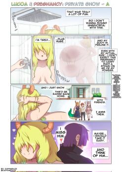 1boy 4girls aged_up big_belly blonde_hair blush breasts closed_mouth coffeeslice comic dragon_girl dragon_horns english_text gigantic_breasts gradient_hair green_hair hair_over_eyes heart highres horns huge_areolae huge_nipples indoors kanna_kamui kobayashi-san_chi_no_maidragon kobayashi_(maidragon) long_hair lucoa_(maidragon) magatsuchi_shouta multicolored_hair multiple_girls nude outie_navel plump pregnant short_hair shower_curtain showering sidelocks smile solo_focus sound_effects thick_thighs thighs tohru_(maidragon) wide_hips