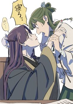 1boy 1girl beads black_robe blunt_bangs bruise bruise_on_face bun_cover chinese_clothes dangomochi2 freckles furrowed_brow green_hair hair_beads hair_bun hair_ornament half_updo highres holding_another&#039;s_wrist injury jinshi_(kusuriya_no_hitorigoto) kusuriya_no_hitorigoto looking_at_another maomao_(kusuriya_no_hitorigoto) parted_bangs parted_lips purple_hair robe shouting sidelocks upper_body