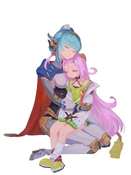 2girls absurdres ahoge aino_(genshin_impact) bangs_pinned_back black_choker blue_cape blue_hair blunt_bangs bolt_(hardware) breasts cape choker closed_eyes coat commentary_request corkscrew cowlick drooling facing_to_the_side flight_attendant_hat full_body genshin_impact green_shirt hair_between_eyes hair_bun hair_ornament hairclip halterneck hand_on_another's_arm hat headpat heads_together highres hug huge_ahoge ineffa_(genshin_impact) iwantdie10034 korean_commentary large_forehead long_hair long_sleeves loose_socks mechanical_arms mechanical_ears mechanical_hands mechanical_legs mechanical_tail medium_breasts mismatched_socks mouth_drool multiple_girls open_clothes open_coat open_mouth padded_coat pink_socks red_cape ribbed_sleeves robot_girl screw seiza shirt sidelocks single_hair_bun sitting sitting_on_lap sitting_on_person sleeping sleeping_on_person sleeves_past_fingers sleeves_past_wrists socks tail two-sided_cape two-sided_fabric very_long_hair white_background white_coat white_hat white_sleeves white_socks