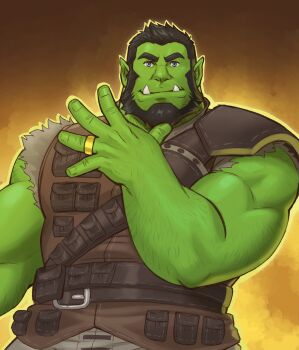 1boy absurdres armor bara beard brexothoruk_(orcanist) clothes_grab colored_skin facial_hair full_beard green_skin highres hoobie_wah!_(thegoodbyed) jojo_pose large_pectorals looking_at_viewer male_focus mature_male monster_boy muscular muscular_male neckwear_grab orc original pauldrons pectorals pointy_ears short_hair shoulder_armor single_pauldron sleeveless smile solo sparse_arm_hair thick_beard thick_eyebrows thick_neck tusks upper_body