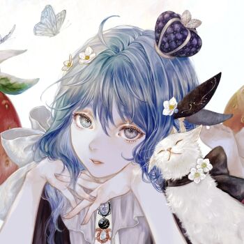 Rule 34 | 1girl, barefoot, blue eyes, blue hair, bug, butterfly, cat, ciel (kamitsubaki studio), commentary request, cuddling, dress, food, fruit, head rest, highres, insect, kamitsubaki studio, looking at viewer, lying, medium hair, official art, on stomach, parted lips, shirone (coxo ii), strawberry, the pose, toes, white cat