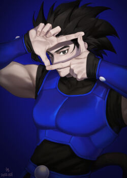 Rule 34 | 1boy, 2022, absurdres, armor, black eyes, black hair, blue armor, blue background, bracer, commentary, dated, dragon ball, dragon ball legends, finger frame, finger frame over eye, highres, hyong311, looking at viewer, male focus, monkey boy, monkey tail, muscular, muscular male, saiyan armor, shallot (dragon ball), short hair, signature, solo, spiked hair, tail