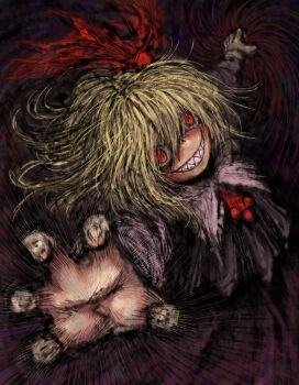 1girl 2b-ge ascot black_skirt black_vest blonde_hair chinese_commentary crazy_eyes crazy_smile dark_background evil_grin evil_smile grin highres horror_(theme) magic medium_hair messy_hair motion_blur one-hour_drawing_challenge outstretched_arms red_eyes red_ribbon ribbon rumia shirt skirt smile spell touhou vest white_shirt