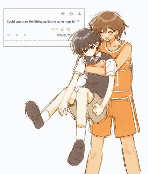 2boys antenna_hair black_eyes black_hair black_shoes black_sweater_vest blush bright_pupils brown_hair brown_shorts closed_mouth collarbone commentary_request crossed_arms dark-skinned_male dark_skin double-parted_bangs english_text hair_between_eyes highres hug hug_from_behind kel_(faraway)_(omori) kel_(omori) male_focus multiple_boys omori open_mouth orange_shorts salt_xs2 shoes short_hair short_sleeves shorts simple_background sketch smile socks sunny_(omori) sweater_vest teeth upper_teeth_only white_background white_pupils white_socks