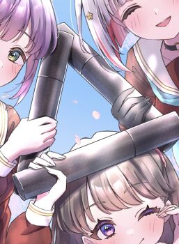3girls ;) black_choker black_gloves blue_background blue_sky blush brown_hair choker collarbone colored_inner_hair commentary_request diploma_tube falling_petals fujishima_megumi gloves graduation green_eyes grey_hair hair_ornament half-heart_hands hand_on_own_cheek hand_on_own_face highres hiyori_(20hiyori727) holding link!_like!_love_live! long_hair looking_at_viewer love_live! multicolored_hair multiple_girls o-ring o-ring_choker one_eye_closed otomune_kozue petals pink_petals purple_eyes purple_hair red_hair short_hair sidelocks simple_background sky smile star_(symbol) star_hair_ornament streaked_hair triangle two_side_up virtual_youtuber yugiri_tsuzuri