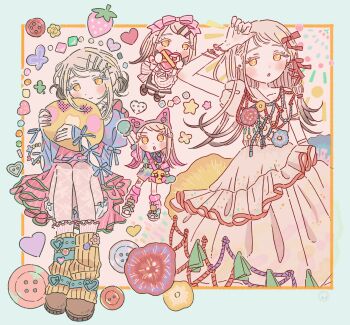 1girl animal_ear_hairband animal_ears aqua_gloves arm_up bag black_shoes black_shorts blonde_hair bloomers blue_border blue_dress blue_flower blush border bouryoku_hantai bow box box_of_chocolates bracelet braid brown_dress brown_shoes cat_ear_hairband cat_ears chibi commentary_request corsage double_bun dress earrings fake_animal_ears fingernails flipped_hair flower full_body gakuen_idolmaster gloves gradient_hair green_shoes grey_hair hair_bow hair_bun hair_ornament hair_ribbon hairband hairclip hand_up hands_up happy_mille-feuille_(idolmaster) heart heart-shaped_box highres holding holding_box idolmaster jewelry knees_up leg_warmers long_hair long_sleeves looking_at_viewer looking_to_the_side miracle_na_now!_(idolmaster) multicolored_dress multicolored_hair multiple_bracelets multiple_views nail_polish open_mouth orange_eyes outside_border parallel_hairclips pink_bow pink_dress pink_hair pink_leg_warmers puffy_short_sleeves puffy_sleeves red_flower red_ribbon ribbon ribbon_braid shinosawa_hiro shoes short_sleeves shorts shoulder_bag single_sleeve sitting socks standing stud_earrings sunfaded_(idolmaster) swept_bangs underwear white_bloomers white_socks x_hair_ornament yellow_bag yellow_flower yellow_leg_warmers