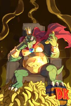absurdres banana barrel bloodshot_eyes bracelet cape claws crown donkey_kong_(series) donkey_kong_bananza fangs food fruit funnismonkis gold_bracelet head_rest highres jewelry king_k._rool male_focus nintendo red_cape sitting sitting_on_throne tail throne uneven_eyes