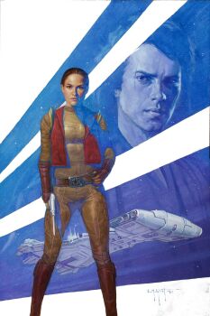 1boy 1girl anakin_skywalker bodysuit boots brown_bodysuit brown_footwear brown_gloves brown_hair erik_gist fingerless_gloves gloves gun handgun highres holding holding_gun holding_weapon looking_at_viewer open_clothes open_vest padme_amidala red_vest scar scar_on_face short_hair signature spacecraft star_wars vest weapon