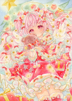 1girl absurdres amu_(m_aa) angel angel_wings artist_name blush boots bow candy candy_cane capelet christmas christmas_present christmas_tree closed_mouth coat dated dot_mouth dot_nose dress food frills gift gingerbread_man hair_bow hair_ornament highres long_hair looking_at_viewer open_mouth original painting_(medium) parted_lips pink_hair red_bow red_coat red_dress red_eyes red_ribbon red_theme ribbon santa_costume sidelocks signature sleeves_past_wrists solo star_(symbol) star_hair_ornament stuffed_animal stuffed_toy teddy_bear traditional_media twintails watercolor_(medium) wings