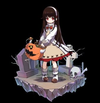 1girl bare_tree black_background black_hair bone boots closed_mouth cosette_(merc_storia) cross dress full_body grave graveyard hairband jack-o'-lantern long_hair long_sidelocks long_sleeves merc_storia merc_storia_art_team multicolored_hairband official_art picnic_basket red_eyes sidelocks simple_background skull solo standing tachi-e tree two-tone_hairband white_boots white_dress white_hairband