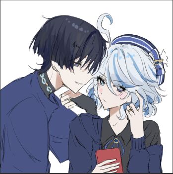 1boy 1girl ahoge alternate_costume averting_eyes beret black_bridal_gauntlets black_hair black_hat black_shirt blue_bow blue_hair blue_shirt blunt_ends blush bow bridal_gauntlets casual closed_mouth collared_shirt contemporary curly_ends eyelash_ornament furina_(genshin_impact) genshin_impact gold_ring hair_ornament hairclip half-closed_eyes hands_up hat hat_bow hetero holding_carton huge_ahoge husband_and_wife jewelry looking_at_another middle_ring multicolored_hair pocky_day purple_eyes ring scaramouche_(genshin_impact) shirt short_hair sideways_mouth single_off_shoulder sketch streaked_hair tsurime undershirt wedding_ring white_background white_hair white_mouth white_trim wispy_bangs xaiadestar