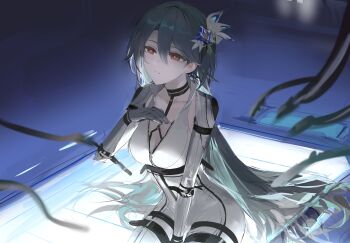 1girl absurdres baiser3rd bodysuit breasts cable cleavage commentary front_zipper grey_hair hair_between_eyes hair_ornament hair_spread_out hand_on_own_chest hashtag-only_commentary highres honkai_(series) honkai_impact_3rd large_breasts long_hair parted_lips red_eyes sitting solo very_long_hair vita_(bodysuit)_(honkai_impact) vita_(honkai_impact) white_bodysuit yellow_pupils zipper