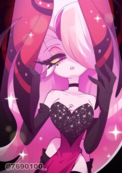 1boy angel_dust bare_shoulders black_background black_choker black_dress black_gloves black_thighhighs chestnut_mouth choker colored_sclera commentary_request cowboy_shot crossdressing crossdressing_(mtf) dress elbow_gloves extra_arms eyeshadow facial_mark fewer_digits furry furry_male genderswap genderswap_(mtf) gloves hair_over_one_eye hands_up hazbin_hotel heart heart_facial_mark hellaverse highres long_hair makeup male_focus menattou official_alternate_costume one_eye_covered parted_lips pelvic_curtain pink_dress pink_eyes pink_eyeshadow pink_hair pink_lips simple_background solo sparkle standing strapless strapless_dress thick_eyelashes thighhighs trap twitter_username two-tone_dress very_long_hair white_fur yellow_eyeshadow yellow_sclera zettai_ryouiki